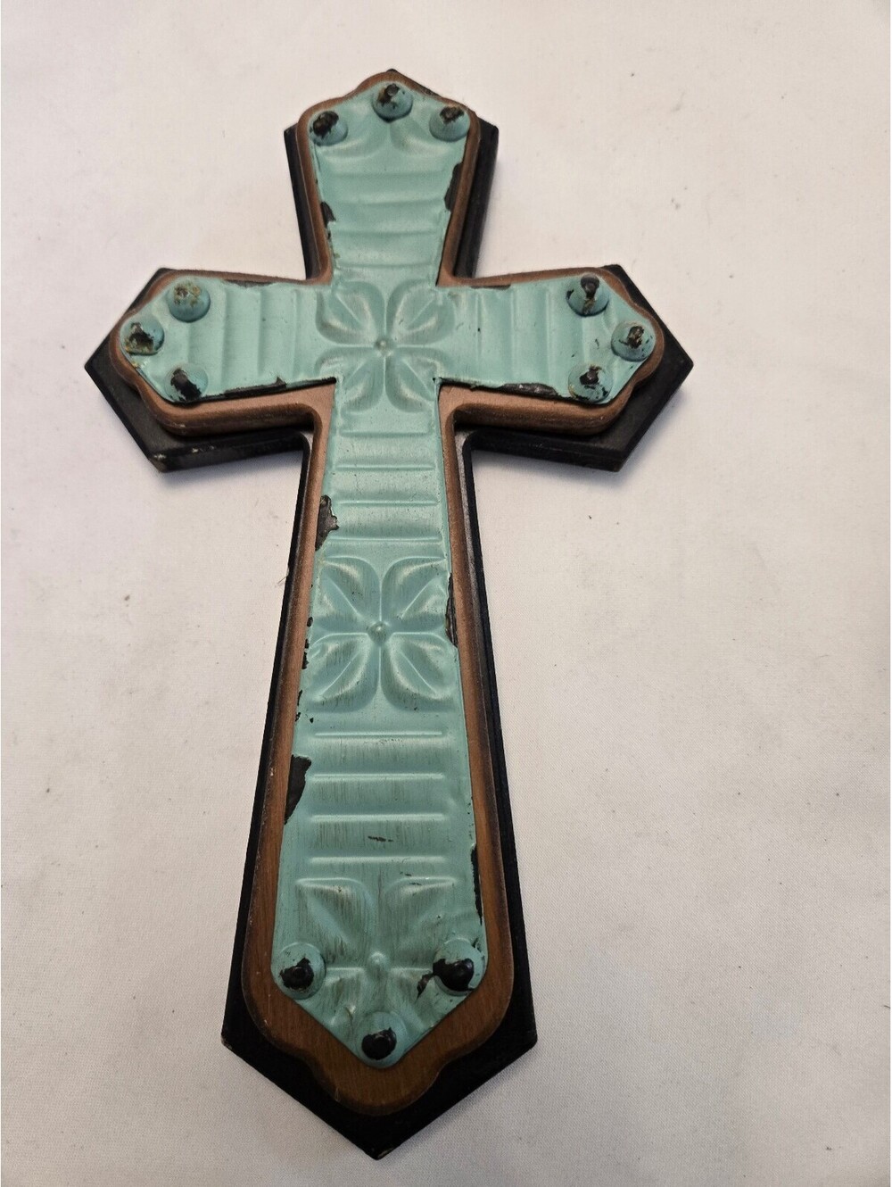 Decorative Wall Cross with Light Blue Embossed Design 12x7